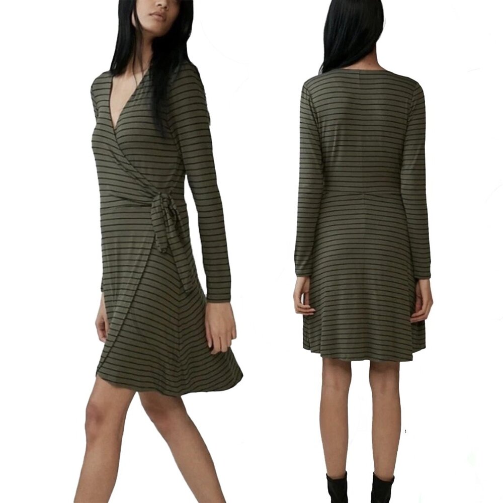 Express Dress Womens Size S Green Black V-Neck Long Sleeve Striped Wrap Style